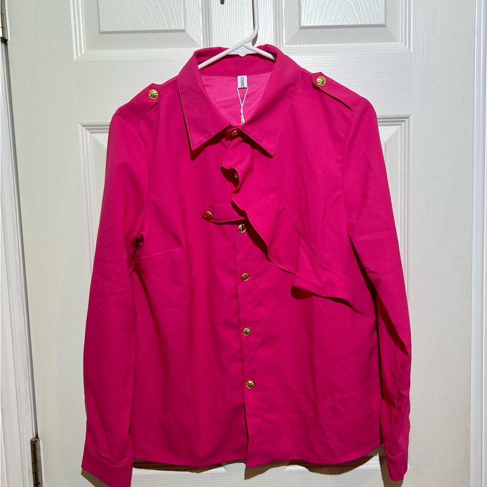 Oshoplive Pink Utility Ruffle Button up Blouse Sz S